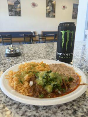 Rice Beans Birria Followed By The Best Salsa Around The Valley...   Arroz Frijoles y Birria Con Su Salsita Casera picosa y sabroza