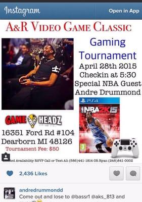 NBA 2k15 Tournament at our store In Dearborn michigan. None other than Andre Drummond will be joining us!