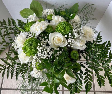 Sympathy arrangement with a white & green color palette.