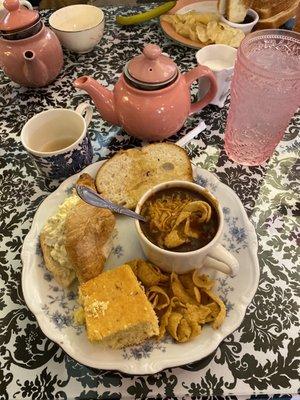 chili and egg salad on croissant with apricot tea