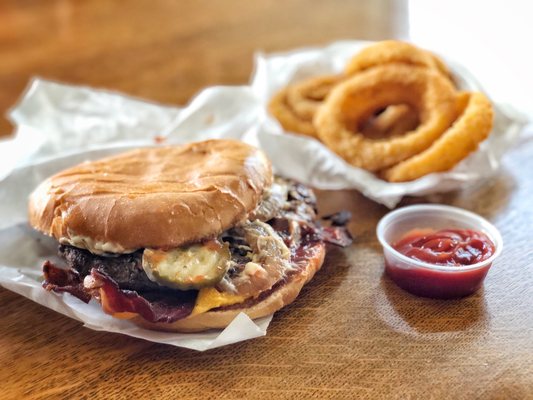 Jumbo Bacon Cheeseburger and Onion Rings