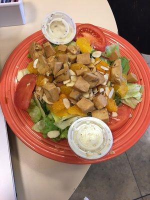 Polynesian Salad, full size. Marinated chicken, mandarin oranges, almonds, tomato, and sweet basil dressing