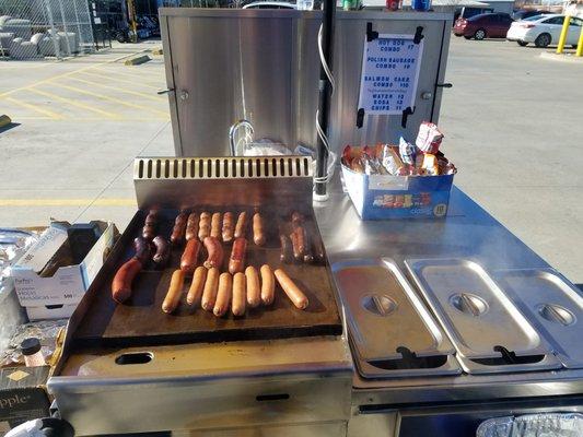 On the grill.. beef Polish sausage, beef hot dogs, and jalapeno cheese dogs