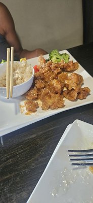 Sesame chicken with fried rice.