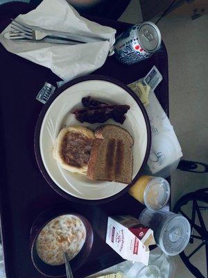 Is this what you feed to a diabetic patient?  Overcooked bacon, cereal, English muffin, wheat toast and orange juice.