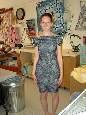 Abby S. in dress she designed and sewed.