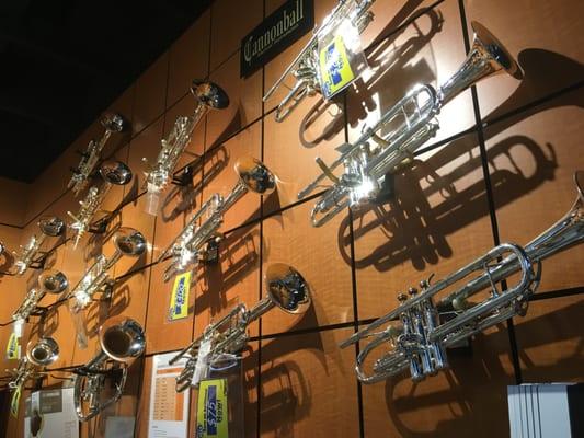 Yamaha trumpets, Cannonball trumpets, and Eastman trumpets.