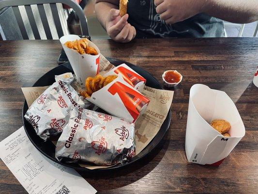 Arby's burger, fries, and mozzarella sticks