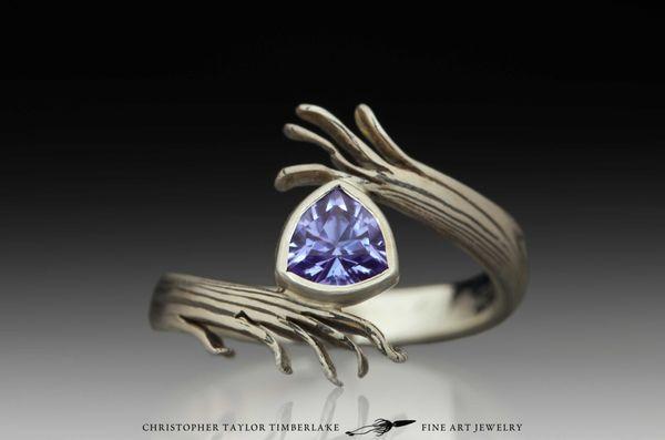 14K White Gold and Sterling Silver Mokume Gane Engagement Ring with Tanzanite.