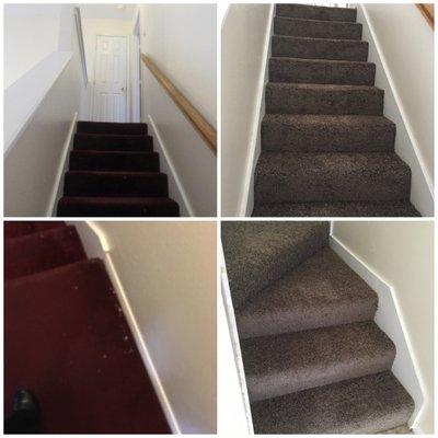 Before and after pictures of carpet installation on stairs.