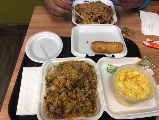 Beef and pork fried rice with egg drop soup and egg roll.