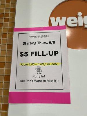 New time for $5 fill up on Thursdays