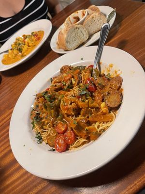 Sausage and peppers spaghetti with meatballs