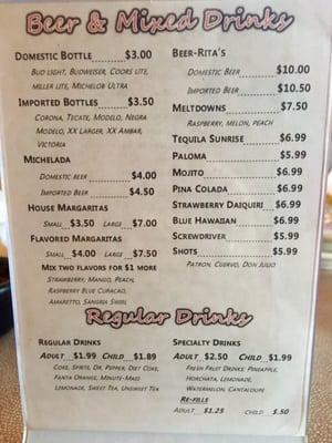 Adult Beverages menu