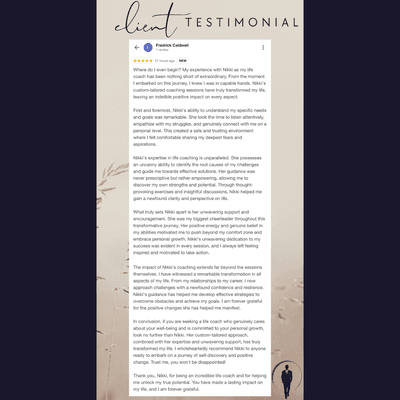 Client review for life coaching and dating coaching.