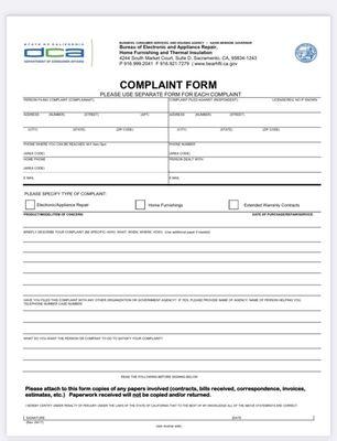 Complaint Form - Dept of Consumer Affairs from the State of California.