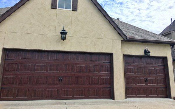 Residential Garage Door in Short Bead Board panel design with Mahogany Finish and Spear Hardware