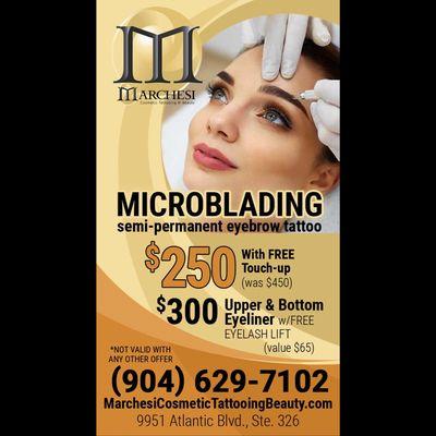 Microblading special for $250! Including a FREE touch up. Call us now at 904-629-7102 to set your appointment