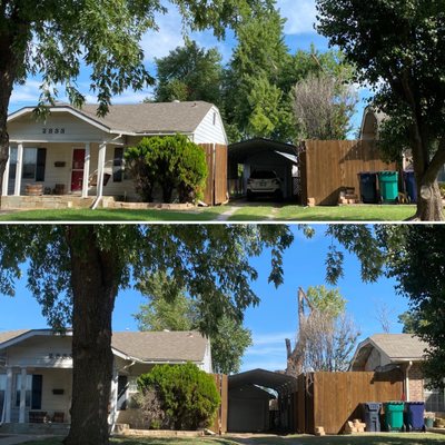 Before on left and after on right where the big limb was over the garage