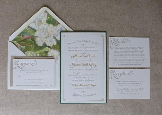 Letterpress Wedding Invitation with Custom Watercolor Envelope Liner