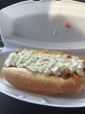 Beef hot Chili Dog with onions and slaw