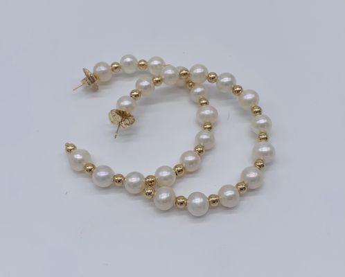 Large Pearl and Gold Bead Hoop Earrings in 14K Yellow Gold.