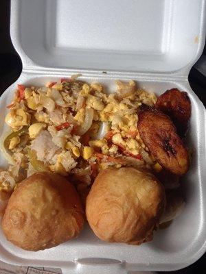 Ackee and saltfish,  two fried dumpling,  plantain, and two steam bananas.