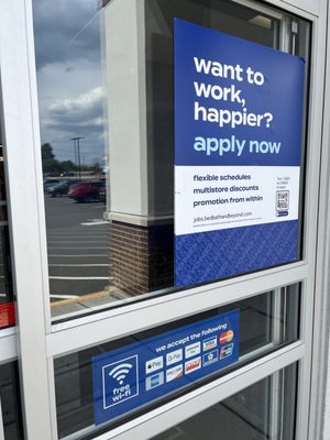 Free WiFi, Payments Accepted, and notice to job applicants