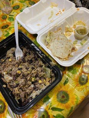 Salted steak bowl and chipotle chicken quesadilla