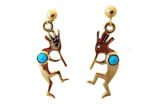 14 karat gold kokopelli earrings with sleeping beauty turquoise.