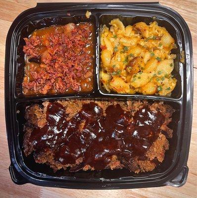 Meatloaf pounder with Mac n cheese and baby face brown sugar and bacon baked beans