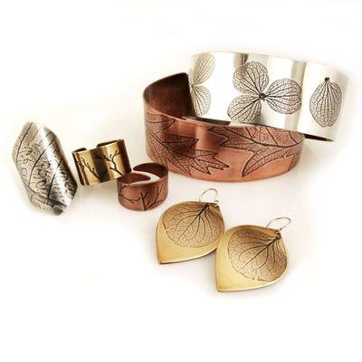 Handmade Jewelry with botanical impressions. Find one of a kind pieces in sterling silver, copper, and brass.