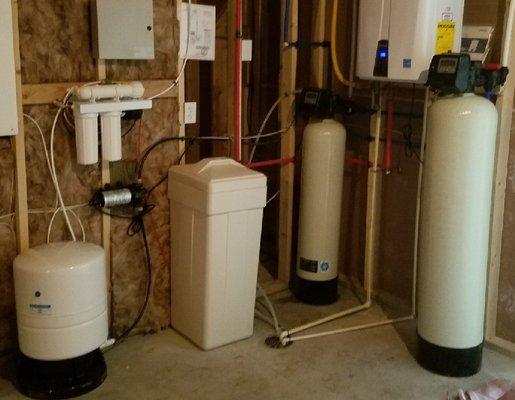 Tankless water heater, water purification, water softener, chlorine removal filter, reverse osmosis