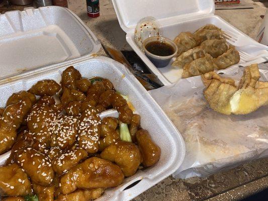 Sesame chicken, fried dumplings, crab Rangoon