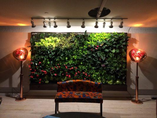 Living wall with deep greens and reds.