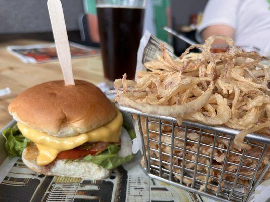 The Our Burger with Thin Crispy Onion Rings