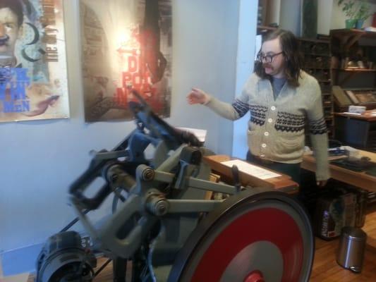 R. Adam Beadel of Team Nerd Letterpress demonstrates his 1917 Linotype printing press