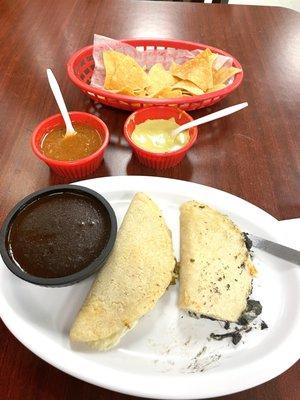 Huitlacoche and flor de calabaza quesadillas and black mole on the side.