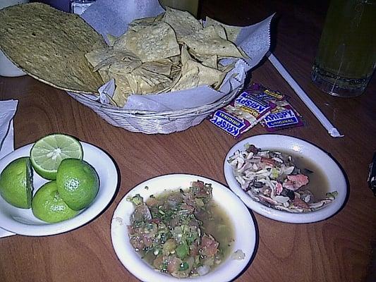 Complimentary Chips, Salsa, imitation crab "salsa", lime and a nice cold bud light in a chilled glass with salt on the rim...