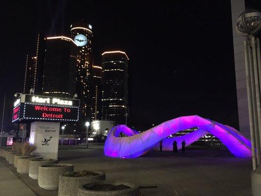 Bat-sign on the Renaissance Center. They have a food court. Great place to stop and warm up. 1-14-17