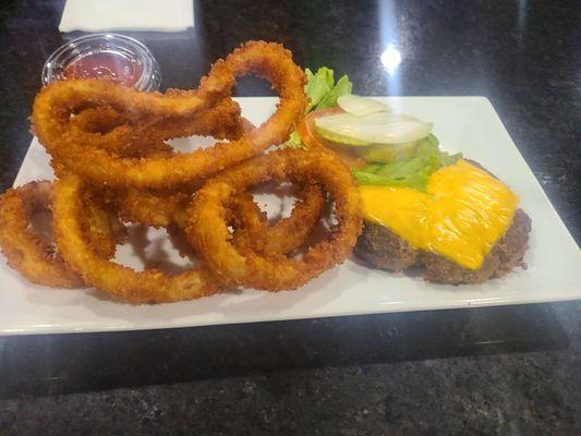 Onion rings & no bun cheeseburger $12