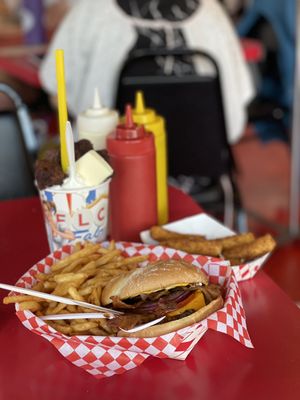 Single Bypass Burger, mozzarella sticks, vanilla milkshake