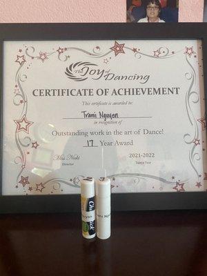 That's The Joy of Dancing 17 years award and 2 lip balms!