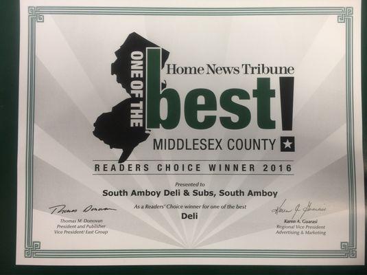 Thank You to all our Customers who voted for us 7 years in a row one of the best Deli's in Middlesex County