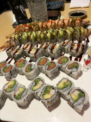 From front to back: California Roll, Spicy Tuna Roll, Rock City Roll, Florida Roll and Yummy Yummy Roll. Very good