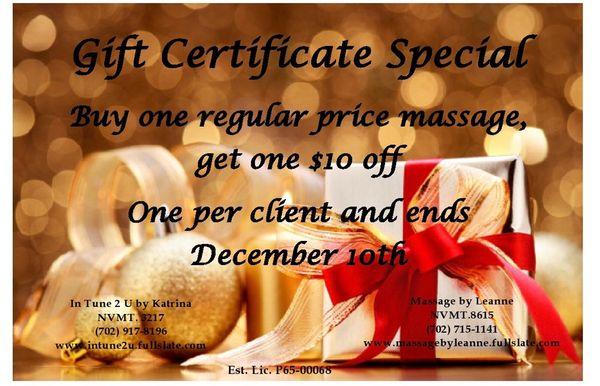 It's that time of year!  Christmas presents!  Buy one massage get the other $10 off