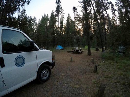 University van parked at one of our campsites.