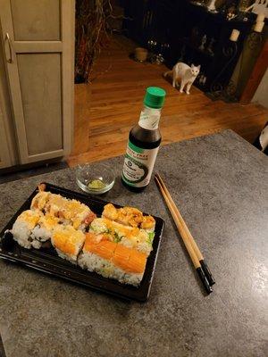 5/29/2021 - Sushi Chiyo delivered thanks to Ubereats - my chopsticks and makeshift wasabi/soy sauce.