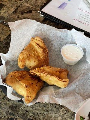 Fresh samosas (w/tzatziki sauce on the side)