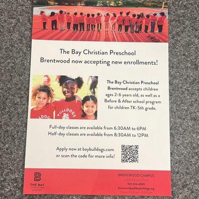 The Bay Christian School(new name) Now Enrolling 2 years -12 years Preschool All day care School age before and after EST 2002